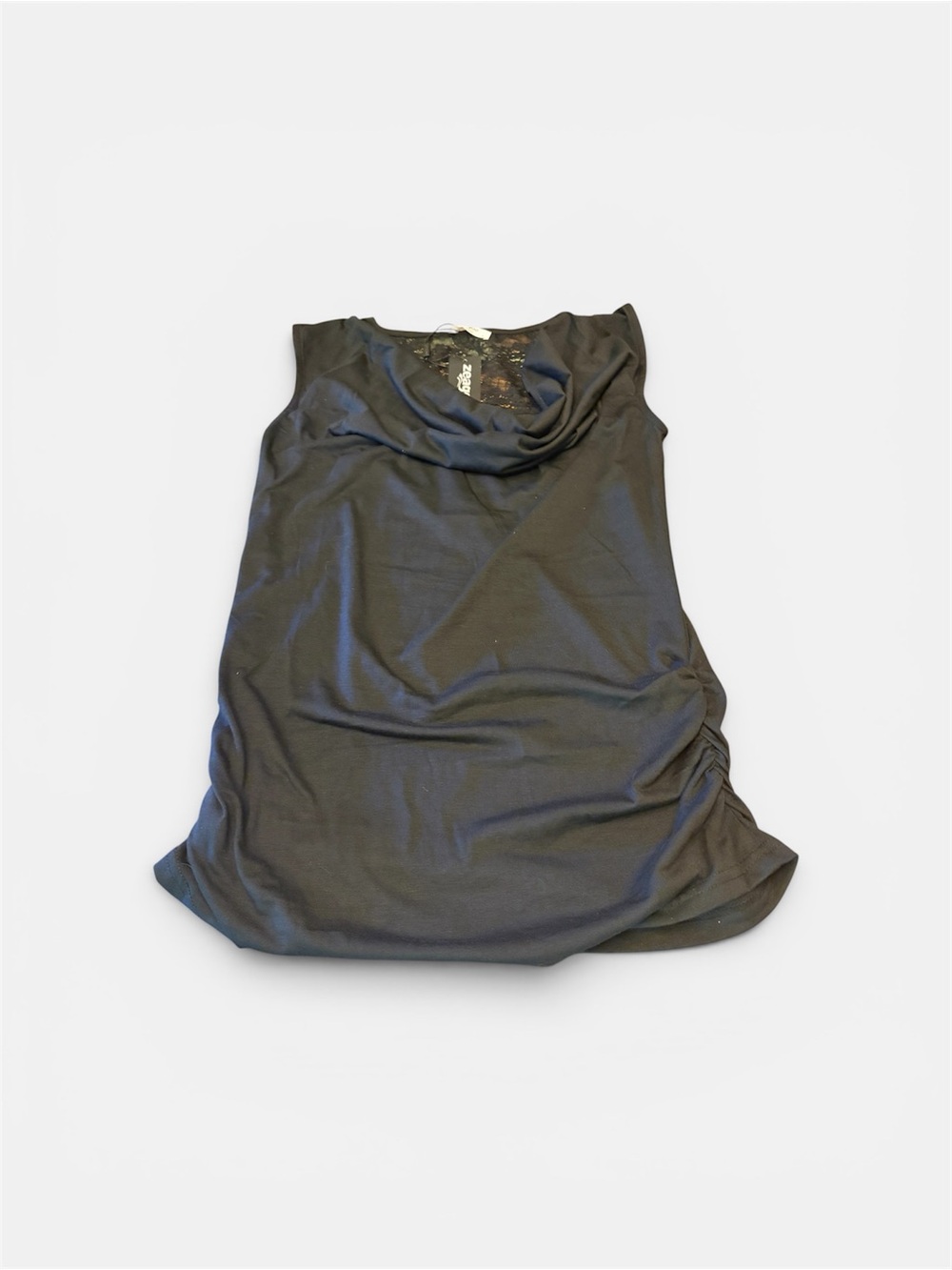 zeagoo Black Sleeveless Cowl Neck blouse ruched sides&lace medium NWT